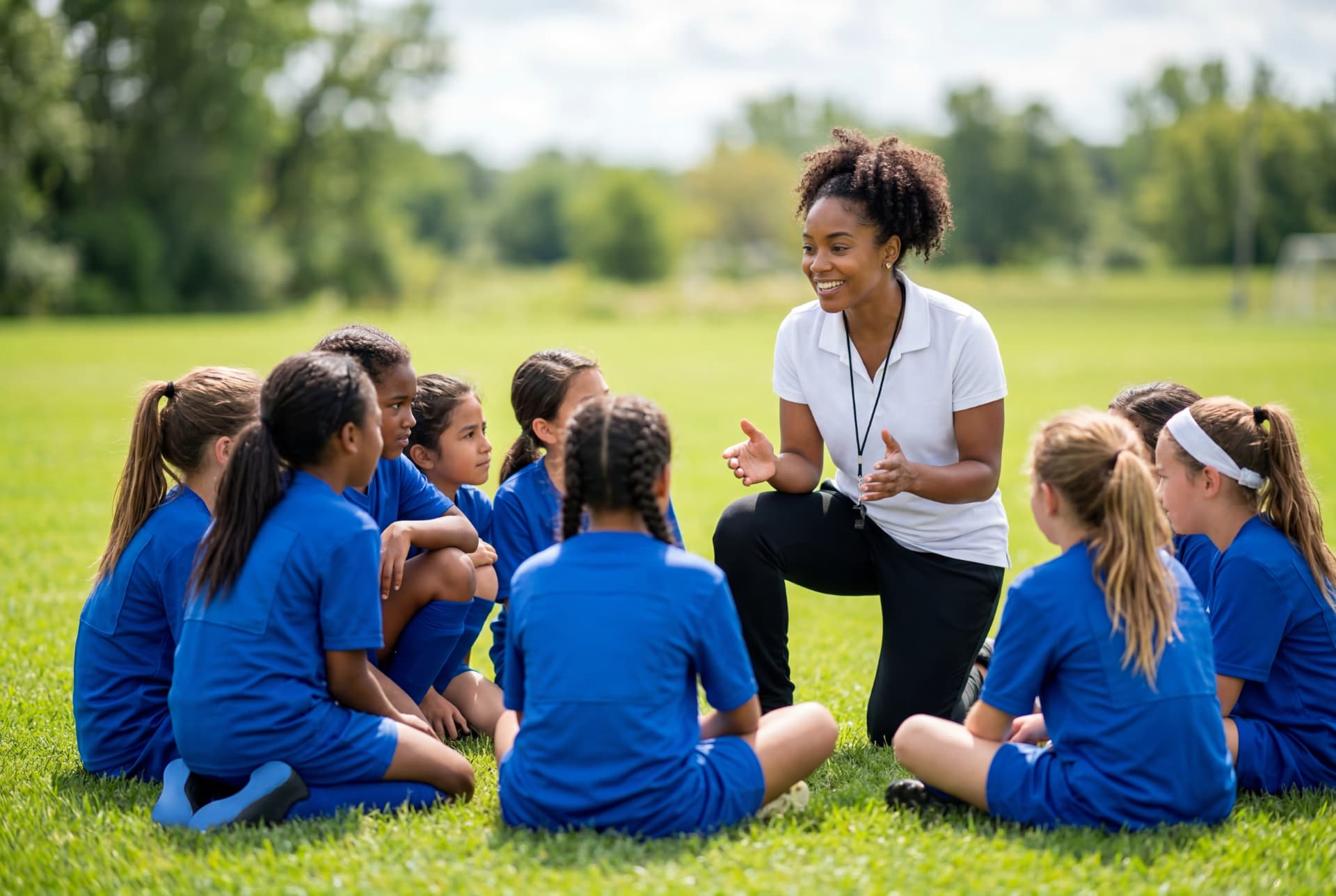 A coach talks with young athletes seated together on a grass field